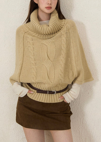 Khaki Turtle Neck Thick Knit Sweaters Batwing Sleeve