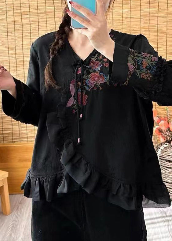 Loose Black V Neck Ruffled Embroideried Button Shirt Long Sleeve