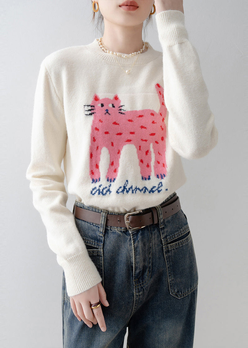 White Cat Jacquard Thick Sweater Tops Winter
