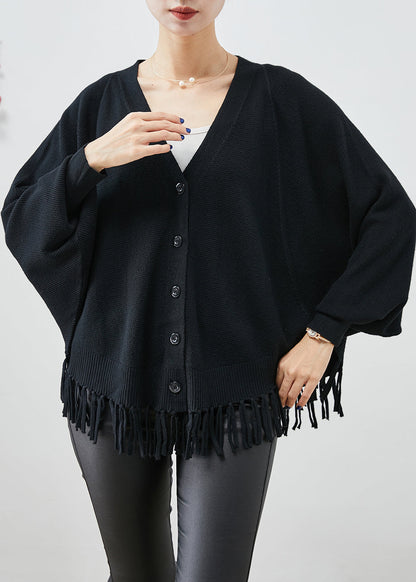 Black Oversized Tasseled Knit Coats Fall