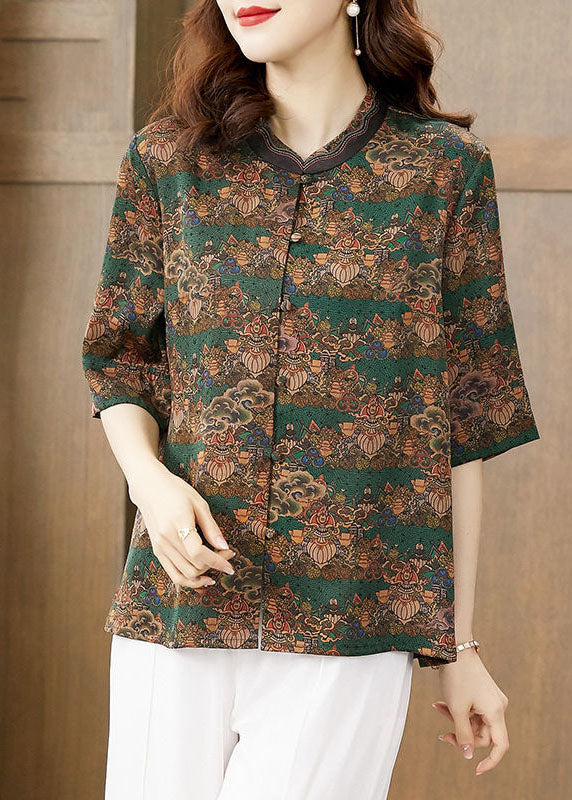 French Blue O-neck Print Button Silk Shirt Tops Half Sleeve