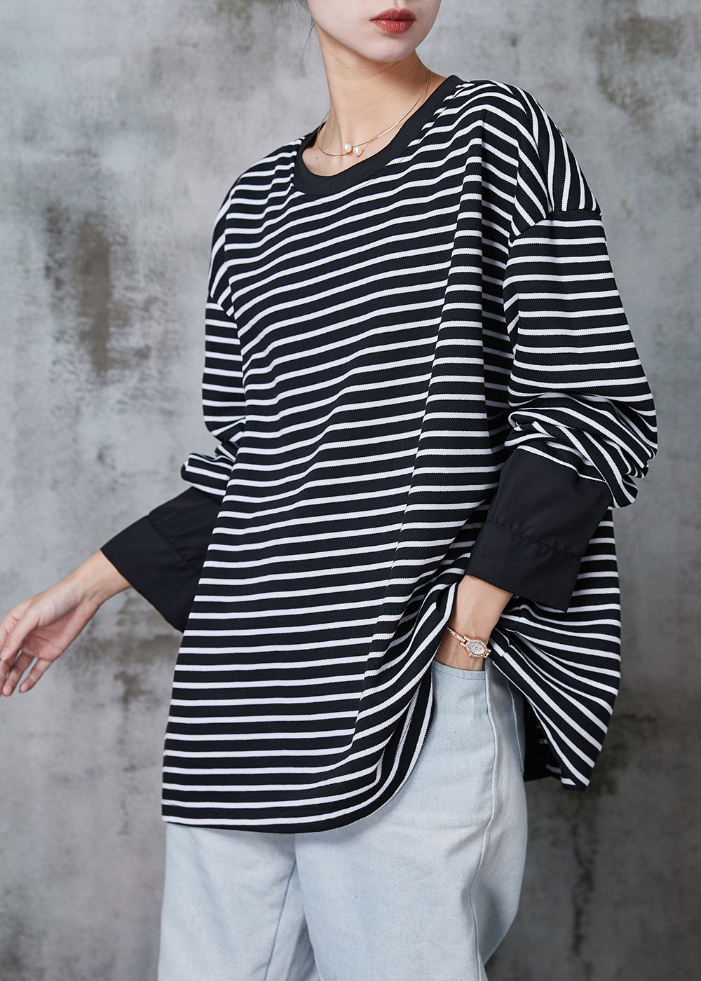 Black Zip Up Striped Cotton Pullover Spring