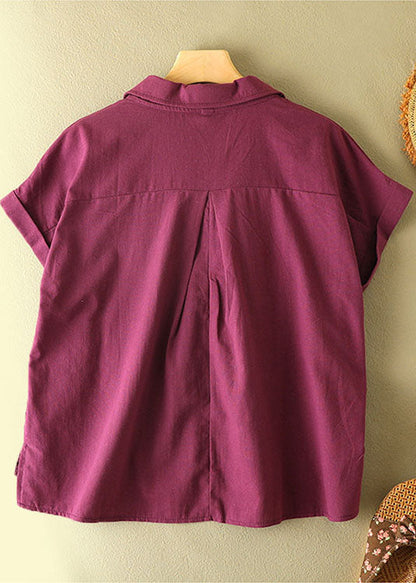 Boutique Purple V Neck Feathers Embroideried Cotton Blouses Short Sleeve