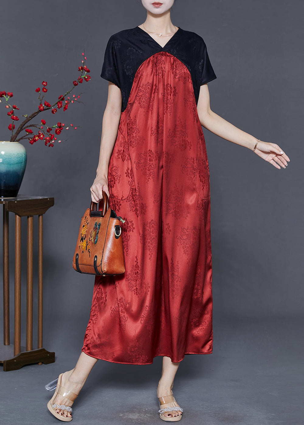 Red V Neck Patchwork Silk Dresses Summer