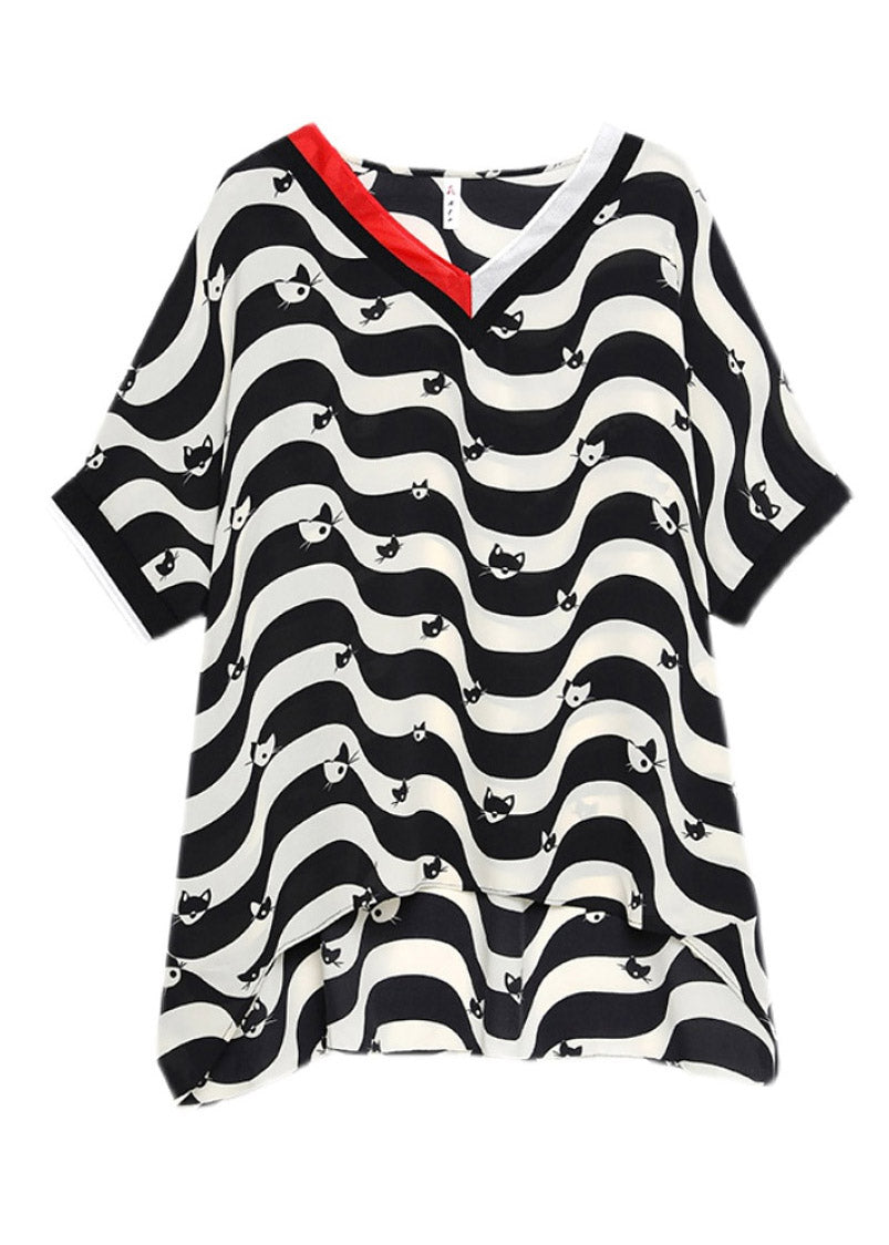Black V Neck Striped Low High Design Chiffon Tops Half Sleeve