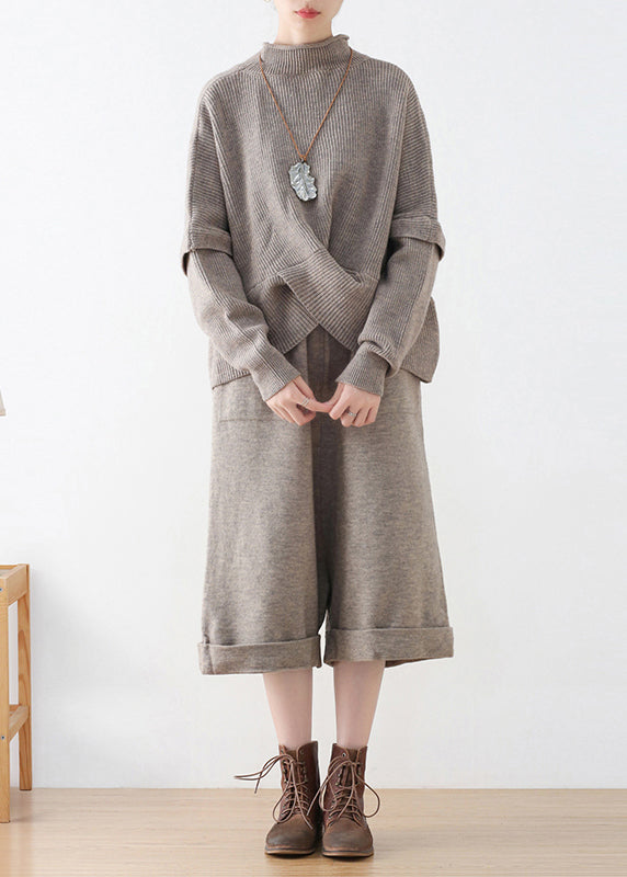 Khaki Turtleneck Knit Sweaters and Crop Pants Two Pieces Set Fall