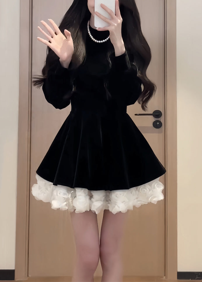 Simple Black O Neck Patchwork Silk Velvet Mid Dress Spring