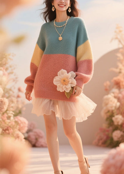 French Colorblock O Neck Knit Sweater Fall