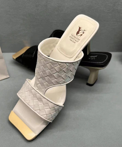 Black Chunky Heel Faux Leather Slide Sandals Peep Toe