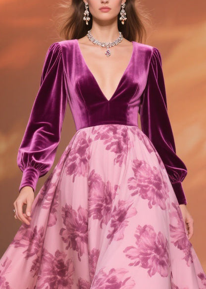 Boutique Purple Print Patchwork Silk Velvet Party Dress Spring