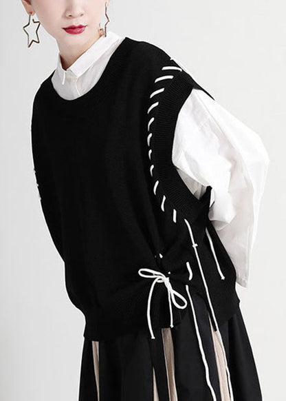 Black Knit Vest O-neck Drawstring Asymmetrical Spring