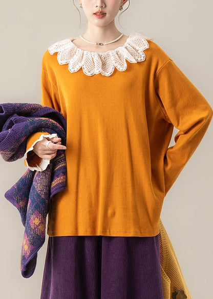 Unique Orange Oversized Patchwork Cotton Lace Blouse Top Spring