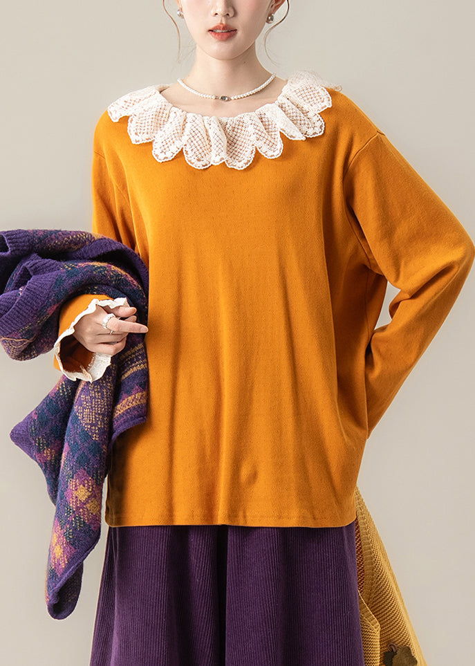 Unique Orange Oversized Patchwork Cotton Lace Blouse Top Spring