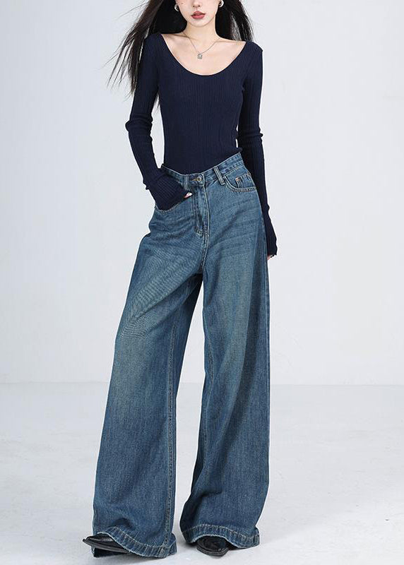 Blue Pockets High Waist Denim Wide Leg Pants Spring