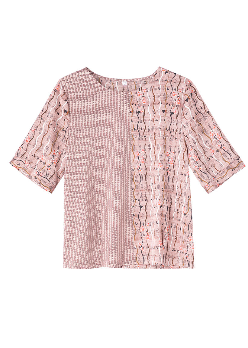 Diy Pink Print Striped Patchwork Silk T Shirt Short Sleeve
