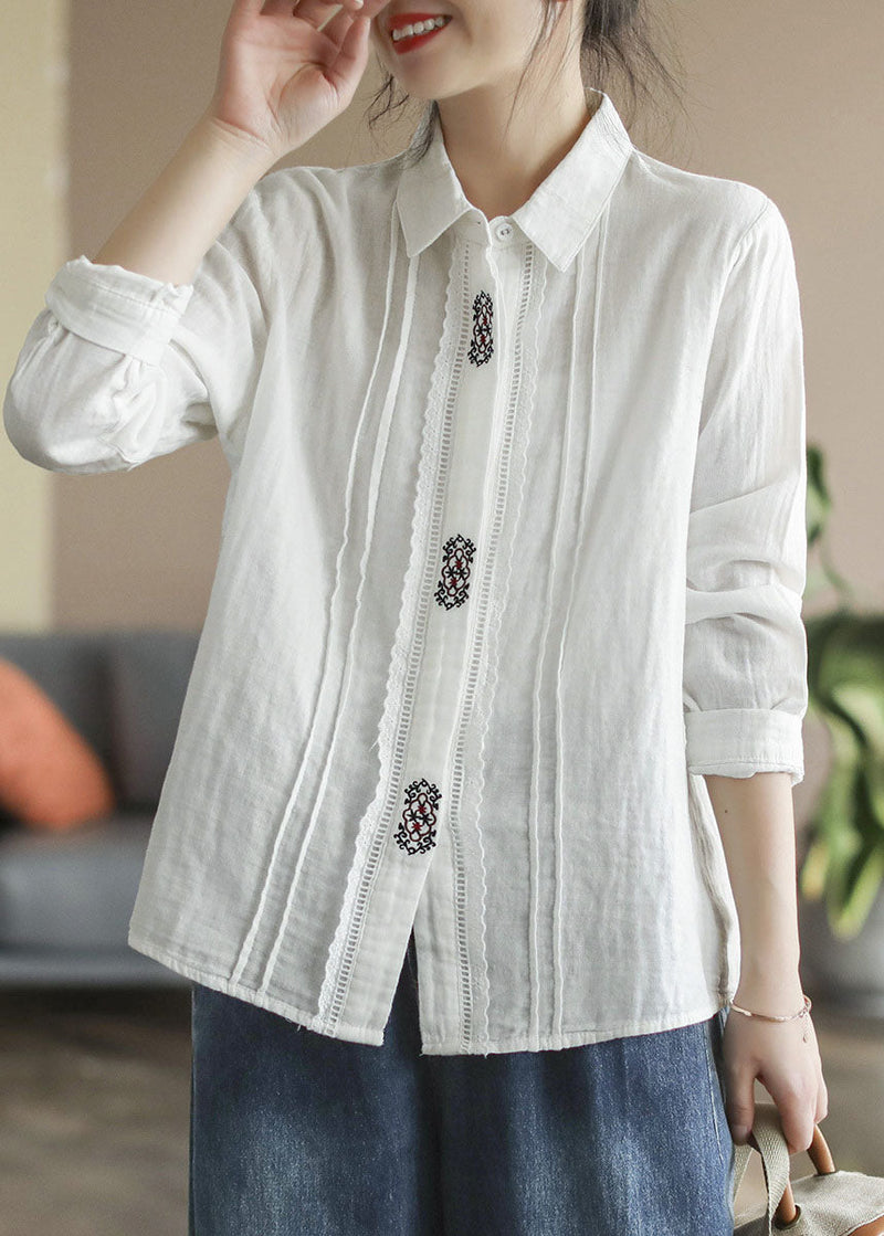 Art White Peter Pan Collar Button Embroideried Cotton Shirt Tops Spring