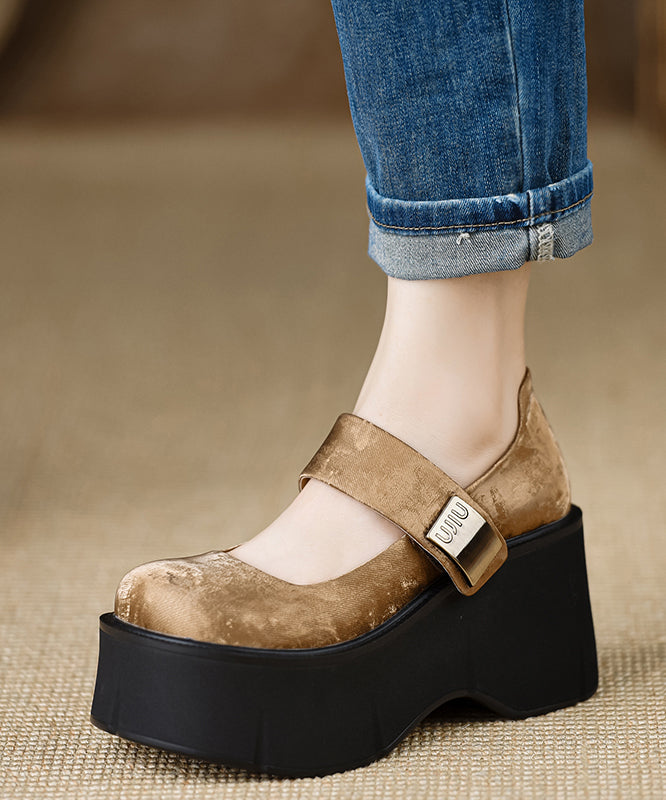 New Buckle Strap Splicing Wedge High Heels Brown Satin