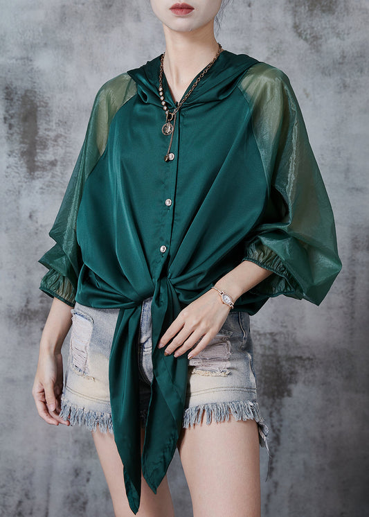 Peacock Green Hooded Patchwork Silk Blouse Tops Fall