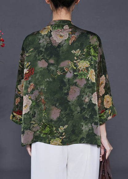 Green Stand Collar Print Silk Shirt Tops Summer