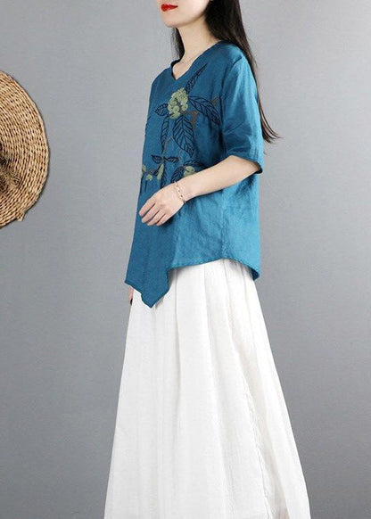 Simple Blue Asymmetrical Tie Waist Cotton Tops Half Sleeve