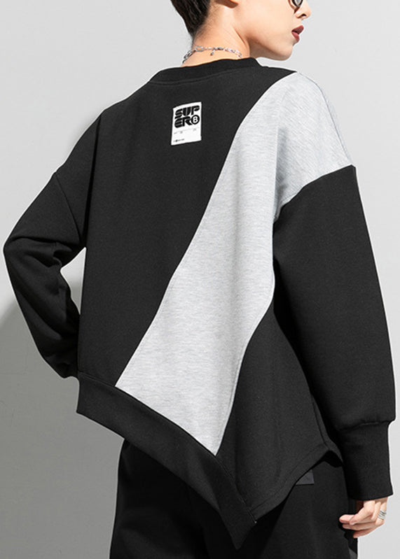 Brief Black Grey O-neck Asymmetrical Patchwork T Shirt Long Sleeve