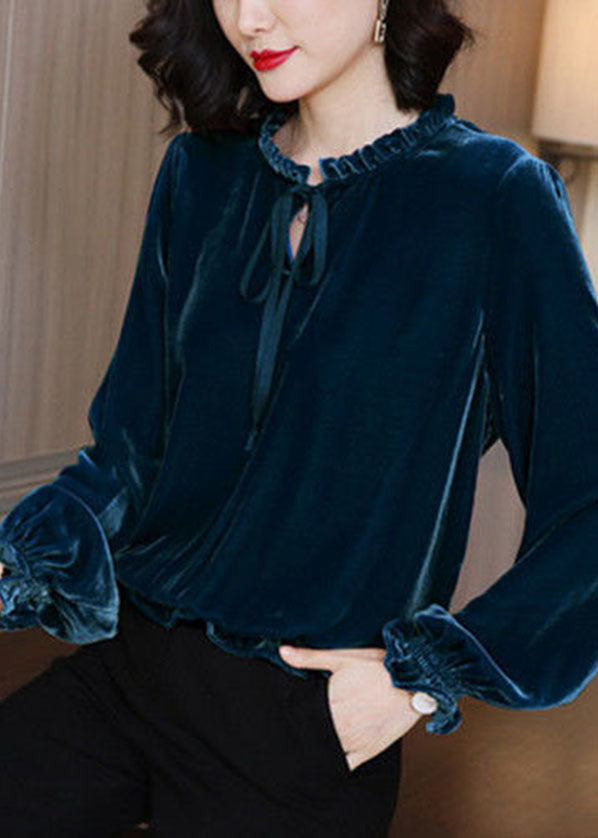 Fine Red Ruffled Lace Up Silk Velour Shirts Long Sleeve