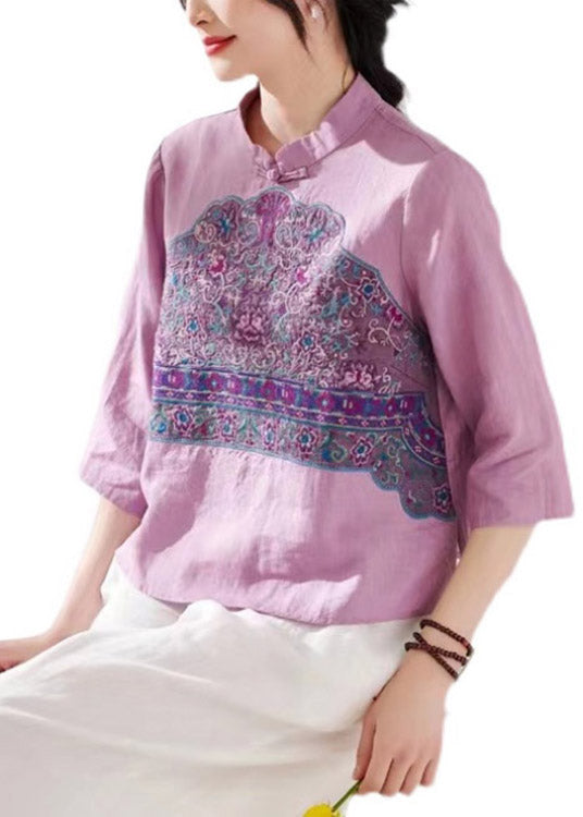 Purple Stand Collar Embroideried Button Linen Shirt Long Sleeve