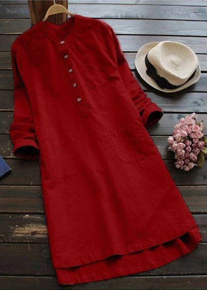Loose White Button Pockets Linen Shirt Dresses Long Sleeve Fall
