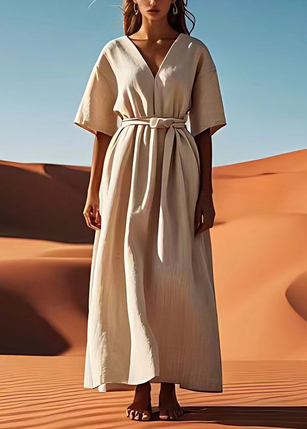 Simple Beige V Neck Tie Waist Linen Dresses Summer