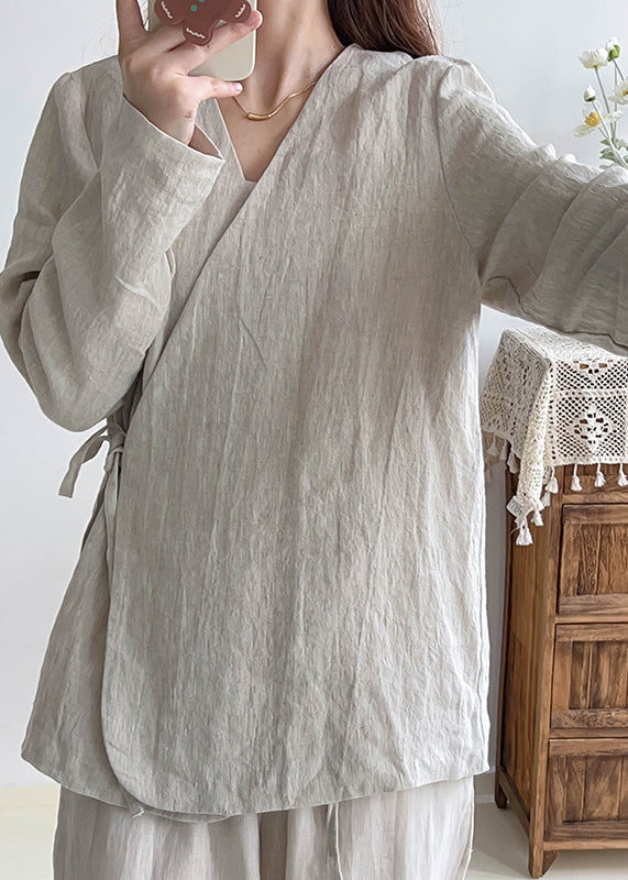 Chinese Style White V Neck Lace Up Linen Shirt Top Spring