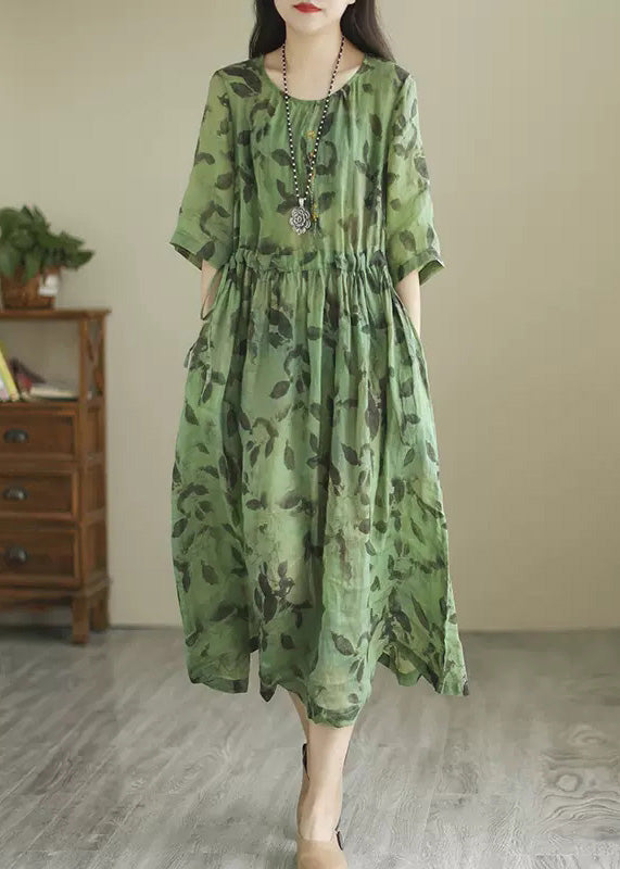 Green O-neck Print Wrinkled Long Dress Summer