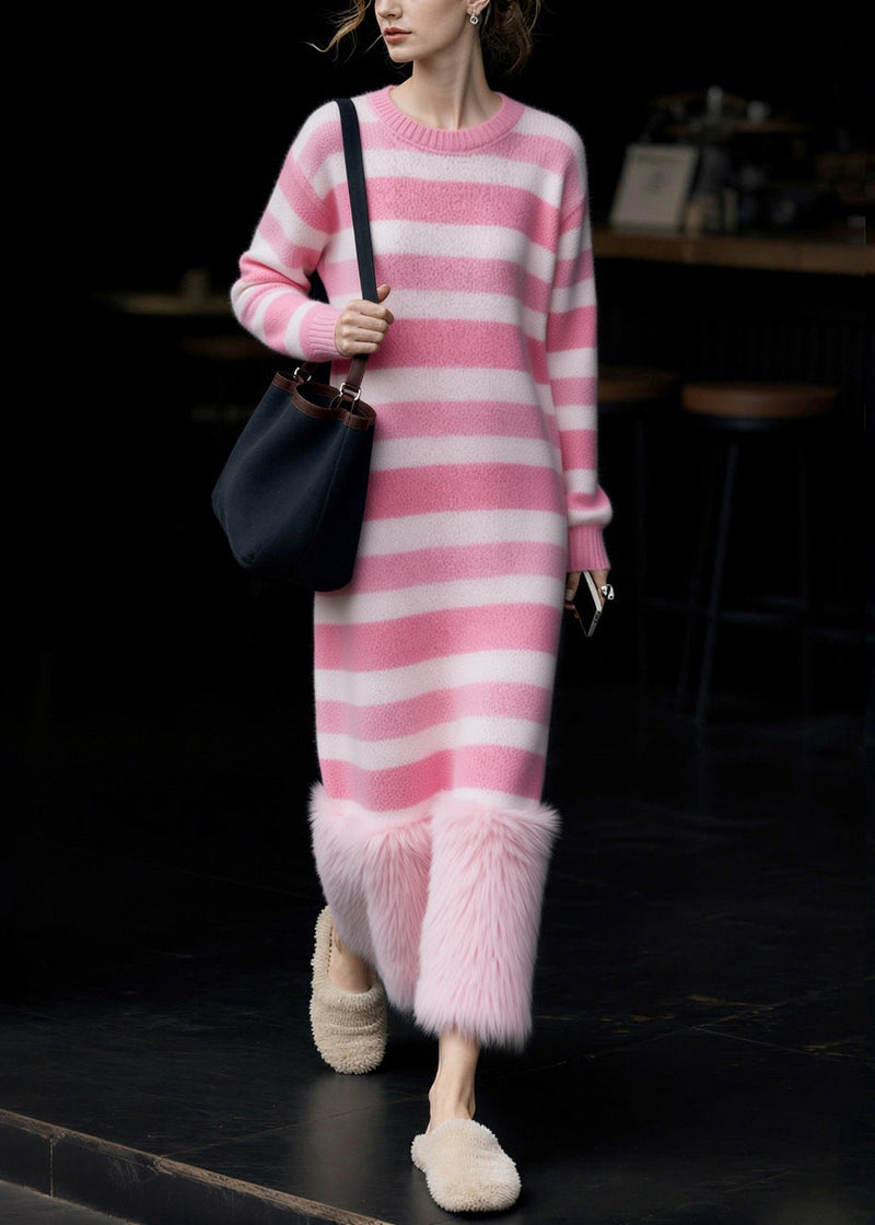 New Pink O Neck Striped Patchwork Knit Long Sweater Dress Spring