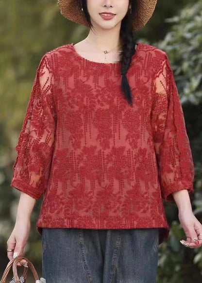 Red O Neck Embroideried Lace T Shirt Tops Fall