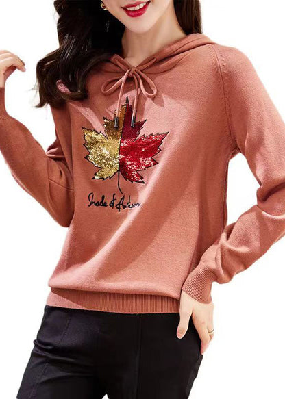 Rubber Red Hooded Embroideried Patchwork Cotton Top Fall