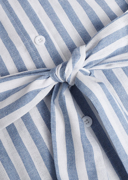 Loose Black Striped Button Tie Waist Cotton Blouses Dresses Bracelet Sleeve Spring