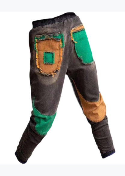 New Elastic Waist Patchwork Warm Fleece Denim Pants Spring