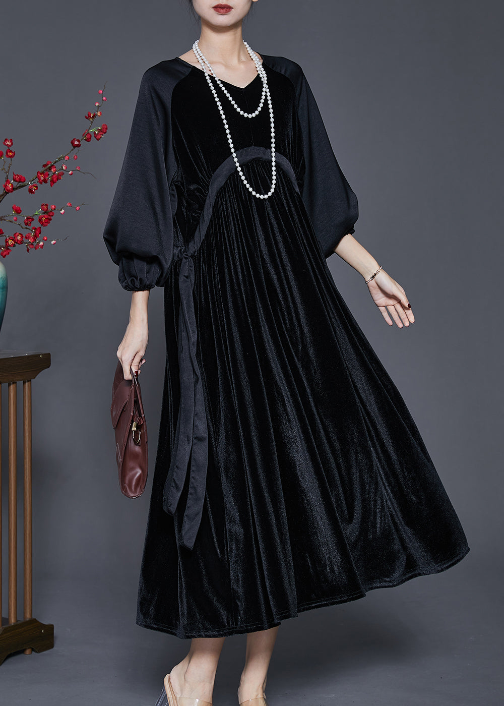 Black Oversized Patchwork Drawstring Silk Velour Dress Spring