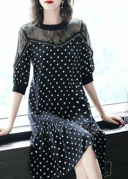 Black Hollow Out Lace Patchwork Dot Chiffon Dresses Summer