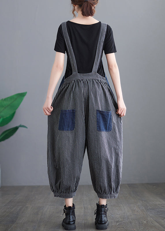 French Navy Striped Pocket Patchwork Denim Overalls Jumpsuit Spring