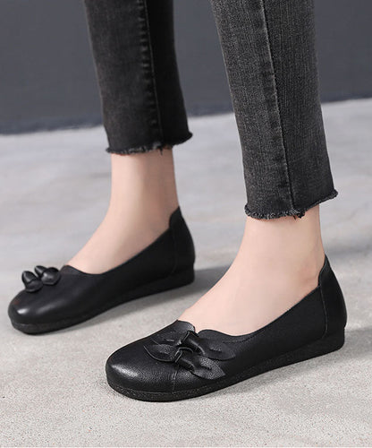Black Bow Flat Shoes for Handmade Cowhide Leather Flat Shoes