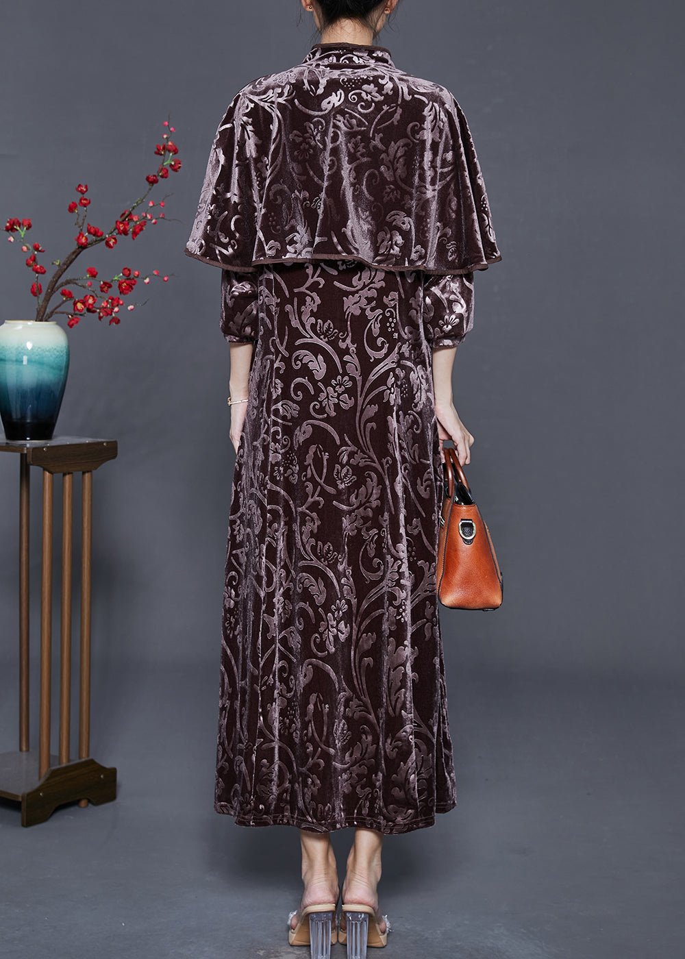 Chocolate Jacquard Silk Velour Long Dress Two Piece Set Fall