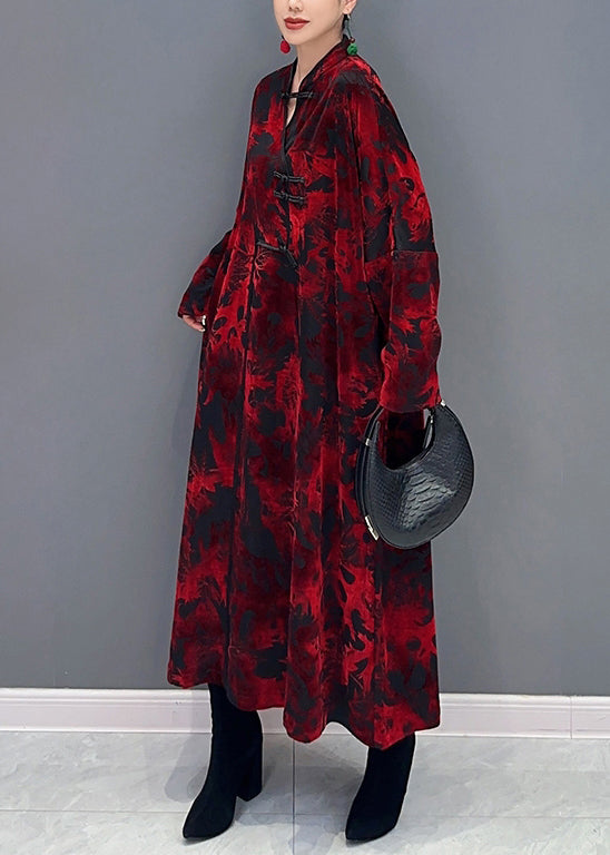 Red Stand Collar Print Patchwork Loose Velour Dresses Fall
