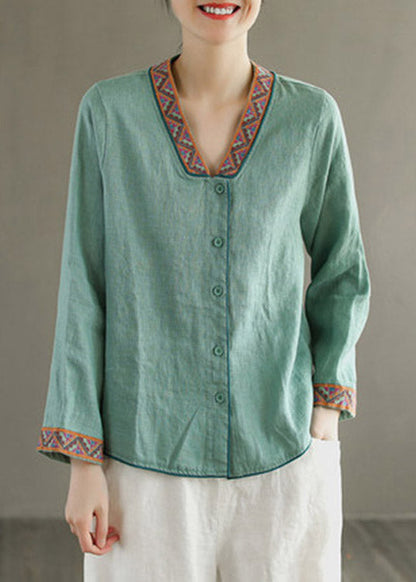 Blue V Neck Embroideried Button Linen Shirt Long Sleeve