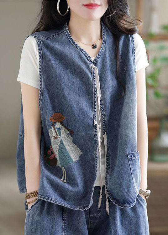 Organic Blue Embroideried O-neck Pocket Lace Up Cotton Vest Tops Sleeveless