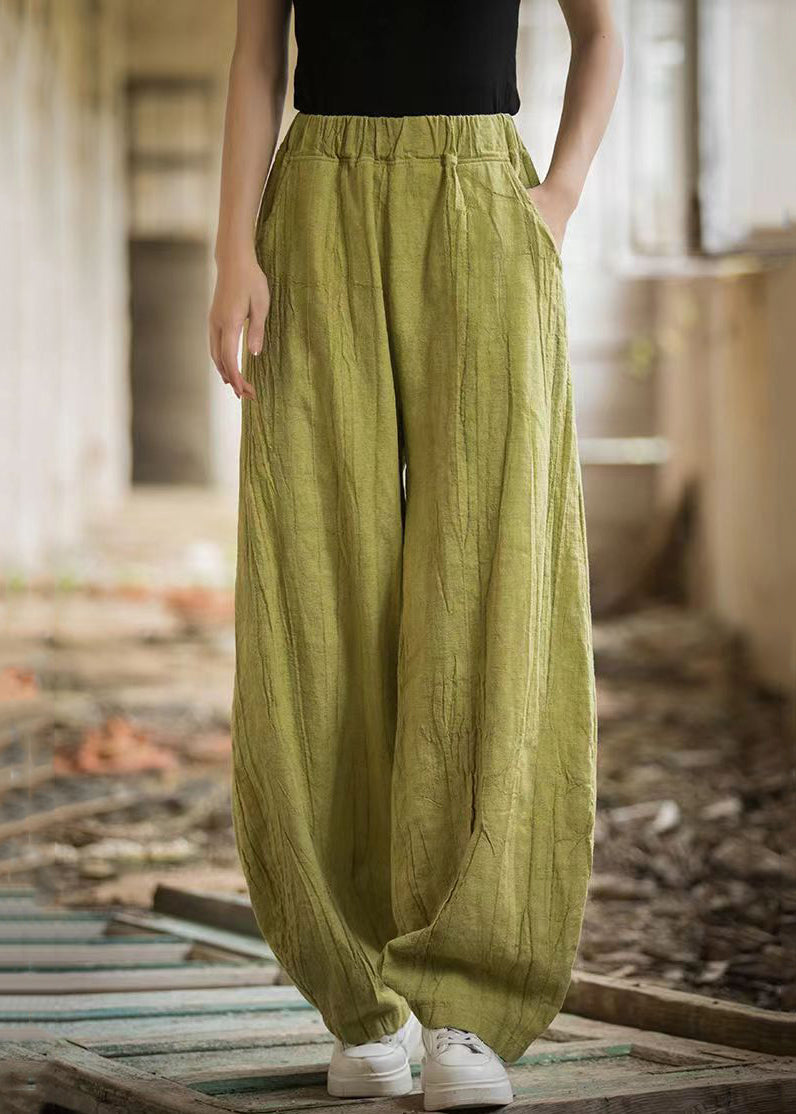 Green Pockets Elastic Waist Linen Pants Summer