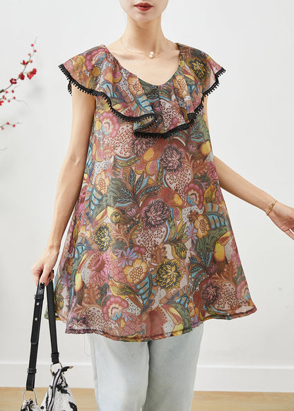 Brown Ruffled Print Cotton Blouses Summer