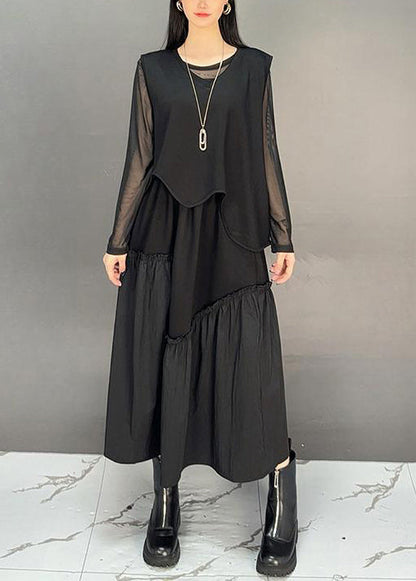 French Black Asymmetrical Ruffled Waistcoat and Skirts Two-piece Set Sleeveless