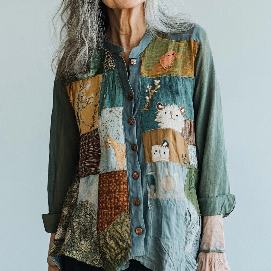 Bohemian Style Patchwork Art Animal Forest Embroidery Linen Long Sleeve Shirt artswardrobe