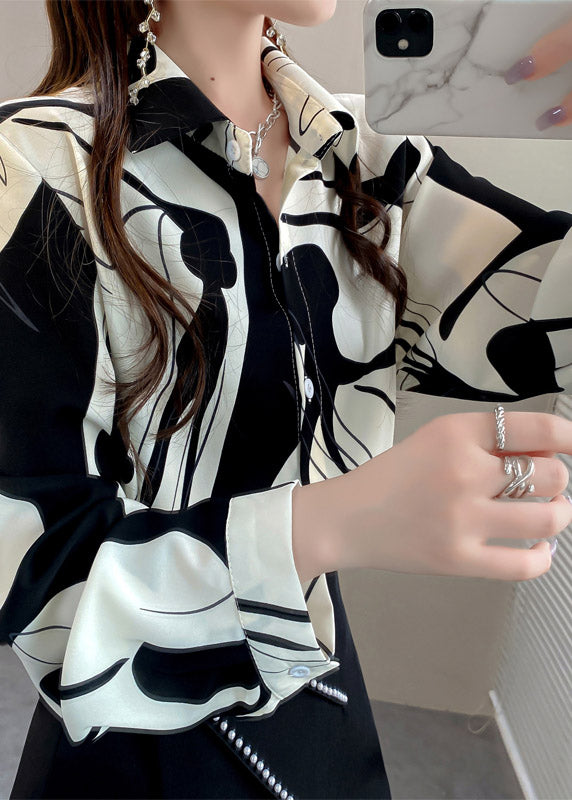 White Peter Pan Collar Print Button Chiffon Shirt Long Sleeve