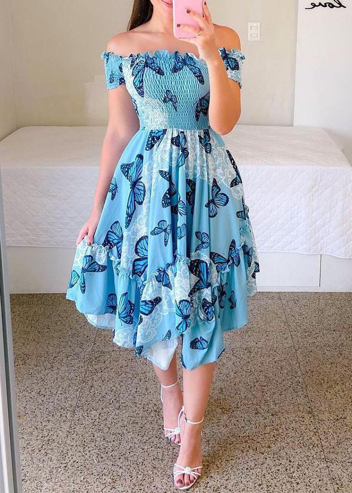 Sunflower Slash Neck Print Ruffled Cotton Dress Summer